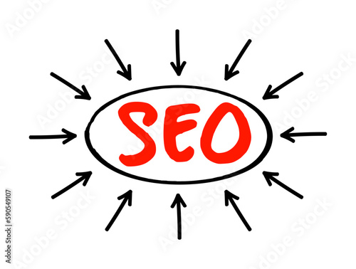 SEO Search Engine Optimization - process of improving the quality and quantity of website traffic to a website from search engines, text concept with arrows