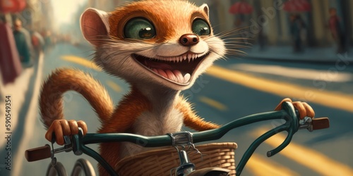 weasel have fun bicycle ride on sunshine day in summer on town street photo