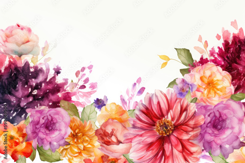 Watercolor bouquet of flowers with many colors. Generative AI