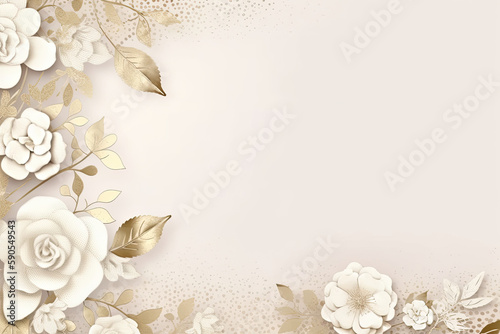 Floral background with white roses and golden leaves. Generative AI
