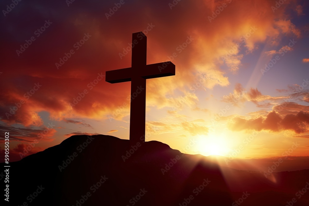 wooden cross on top of a hill bathed in warm sunlight during sunset