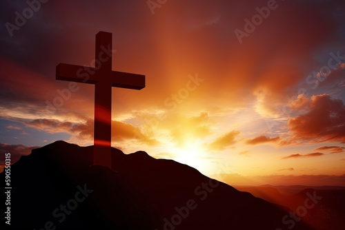 cross at sunset, wooden cross on top of a hill bathed in warm sunlight during sunset