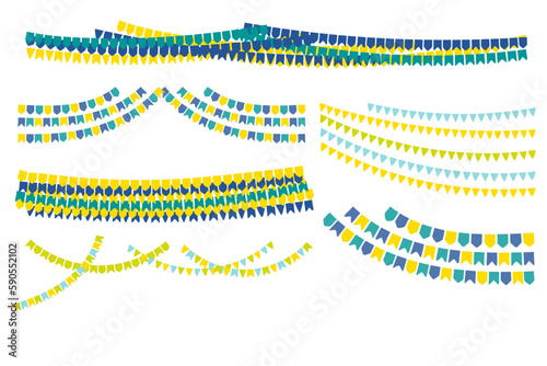 Flags, bunting, festive decoration, garlands, borders design elements set, isolated. Hand drawn vector illustration. Festa Junina celebration, holiday, festival, party, carnival, birthday, anniversary