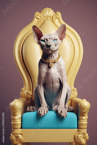 Portrait of a domestic naked Canadian sphinx cat sitting on a throne like chair