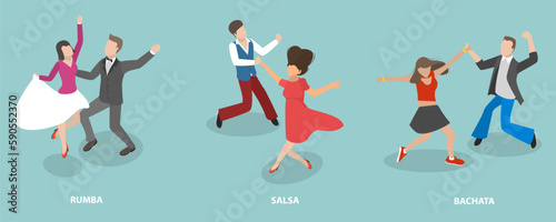 3D Isometric Flat Vector Set of Dancing People, Salsa, Rumba and Bachata