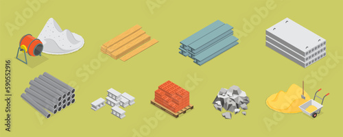 3D Isometric Flat Vector Set of Building Materials, Pile of Sand, Stones, Bricks, Concrete Mixer