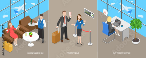3D Isometric Flat Vector Conceptual Illustration of Airport Services, Business Lounge, Day Office, Priority Line