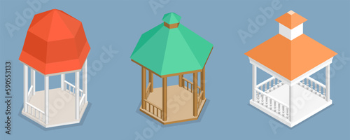 3D Isometric Flat Vector Set of Gazebos or Pavilions, Park Area Elements