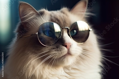 Beautiful cat with sunglasses on the background of the window, selective focus, generative ai