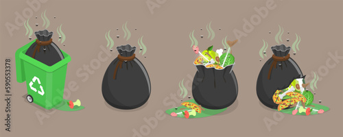 3D Isometric Flat Vector Set of Smelly Trash, Garbage Bags with Rotten Leftovers