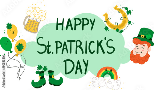 Happy Saint Patricks day lettering sign with clover leaves and green hat