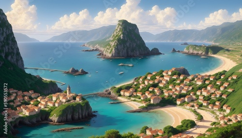 Beautiful coastal city on the rocks. Aerial view of picturesque mountains and sea. Coastal city on the rocks at sunset. Picturesque bay, art. Generative AI