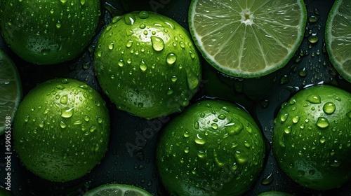 fresh green lime fruit with visible water drops, top view photo