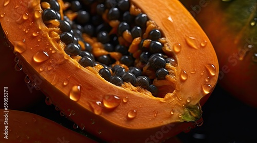 Papaya fruit on a black background with drops of water © tl6781