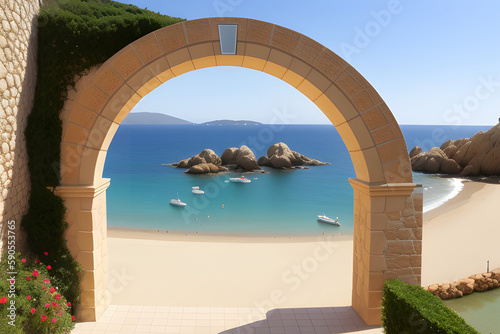 Blanes beach view through an arch  Costa Brava  Spain 