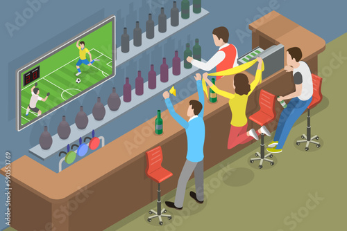 3D Isometric Flat Vector Conceptual Illustration of Football Fans in a Pub, Friends Watching Soccer and on TV