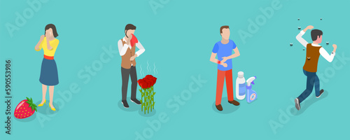 3D Isometric Flat Vector Conceptual Illustration of Allergic Reaction, Causes of Allergy