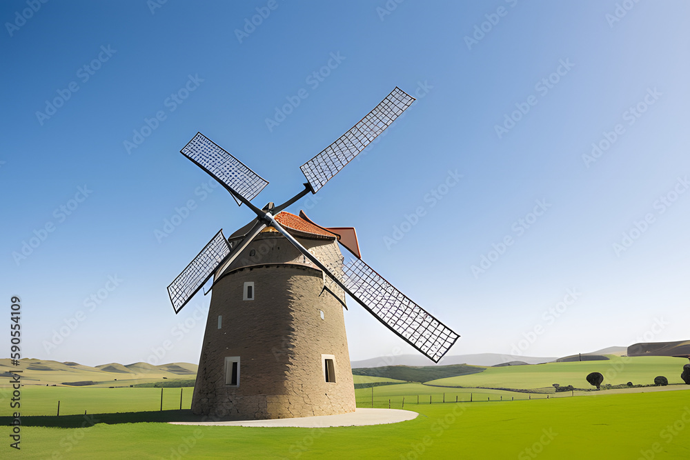 Ancient windmill in Campo de Criptana with moving blades, Spain, defined in Cervantes' Don Quixote 