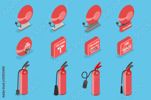 3D Isometric Flat Vector Set of Fire Alarm Equipment, Prevention, Emergency