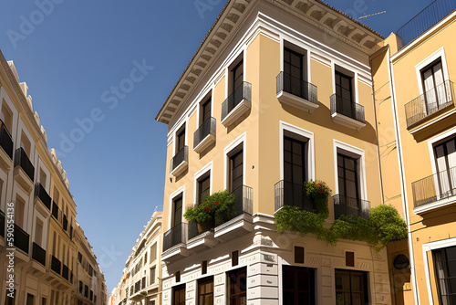 Corner of the classical old-fashioned building downtown Madrid in Fuencarral district, Spain. Vertical photo