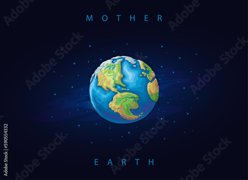 Vector illustrated western hemisphere of the planet Earth on starry sky in a detailed cartoon style with visible mountain ranges, rivers, glaciers, rainforests, oceans, lakes and deserts.