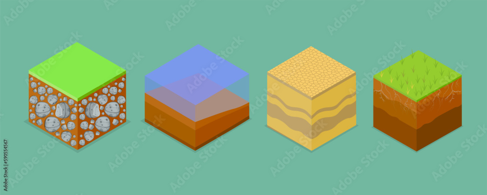 Obraz premium 3D Isometric Flat Vector Set of Different Soil Layers, Textured Ground Surfaces