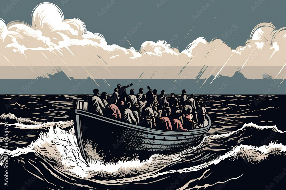 Illustrative drama of migrants' journey across the Mediterranean, a poignant scene - obrazy, fototapety, plakaty 