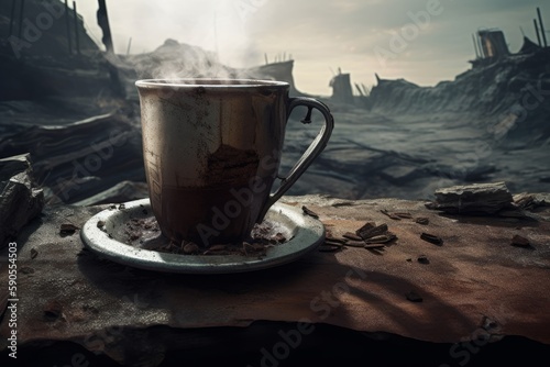 A post-apocalyptic cup of coffee standing in the industrial wasteland.