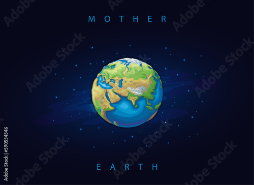 Vector illustrated eastern hemisphere of the planet Earth on starry sky in a detailed cartoon style with visible mountain ranges, rivers, glaciers, rainforests, oceans, lakes and deserts.
