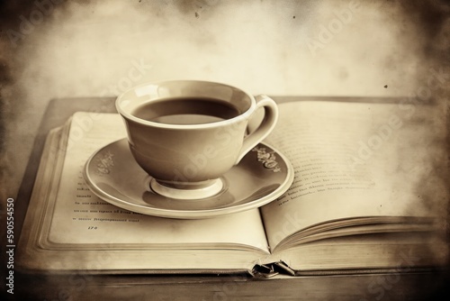 A vintage cup of coffee lying on an old book. Sepia-style graphic.