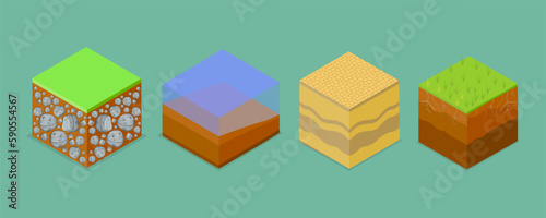 3D Isometric Flat Vector Set of Different Soil Layers, Textured Ground Surfaces