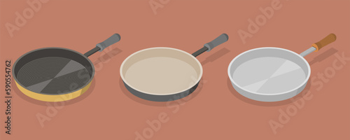 3D Isometric Flat Vector Set of Frying Pans, Kitchen Items For Cooking