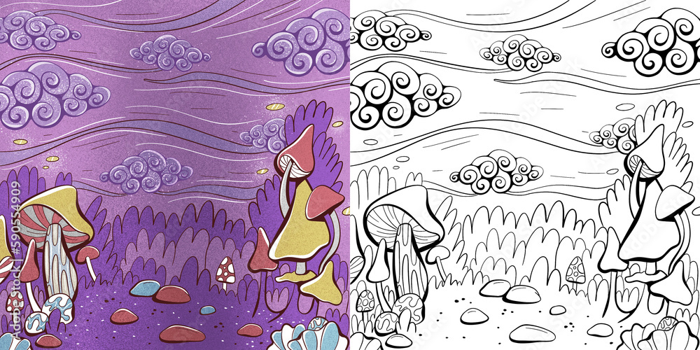 Background in colored cartoon and line doodle style. Alien landscape fantastic landscape and plants.
