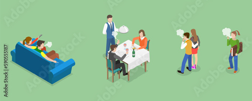 3D Isometric Flat Vector Set of Smoking People, Tobacco Dependence