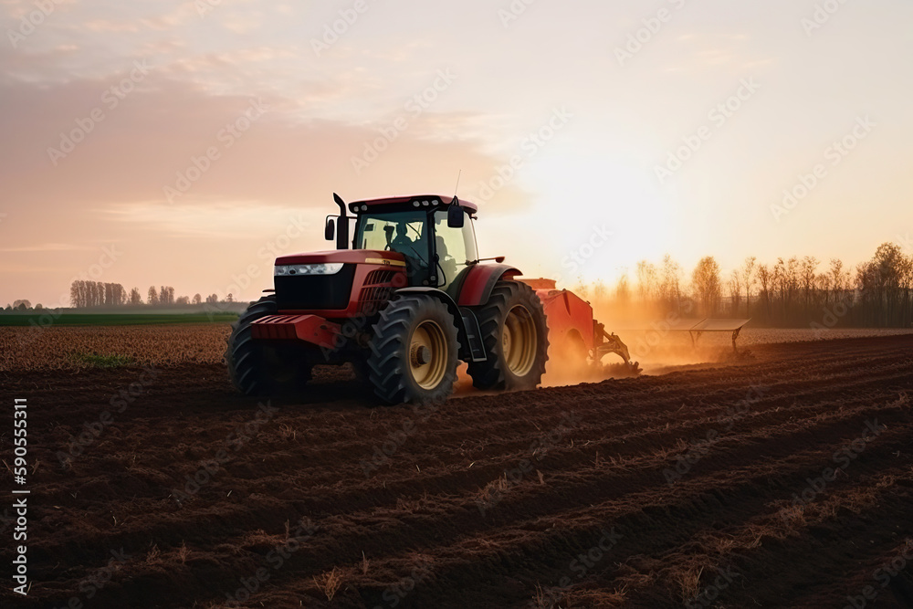 Obraz premium Tractor making beds for sowing seeds into purified soil. Agricultural vehicle works at sunset in countryside Generative AI 