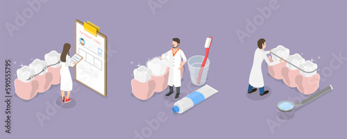 3D Isometric Flat Vector Conceptual Illustration of Orthodontic Care, Putting Braces and Veneers