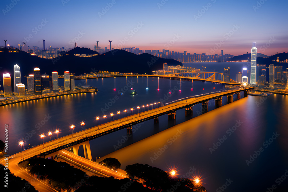 Skyscraper and bridge in Victoria Harbor of Hong Kong city at night