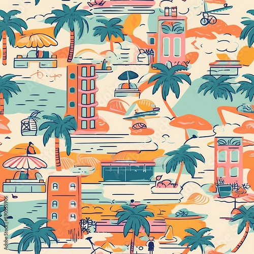 seamless pattern with houses and palms