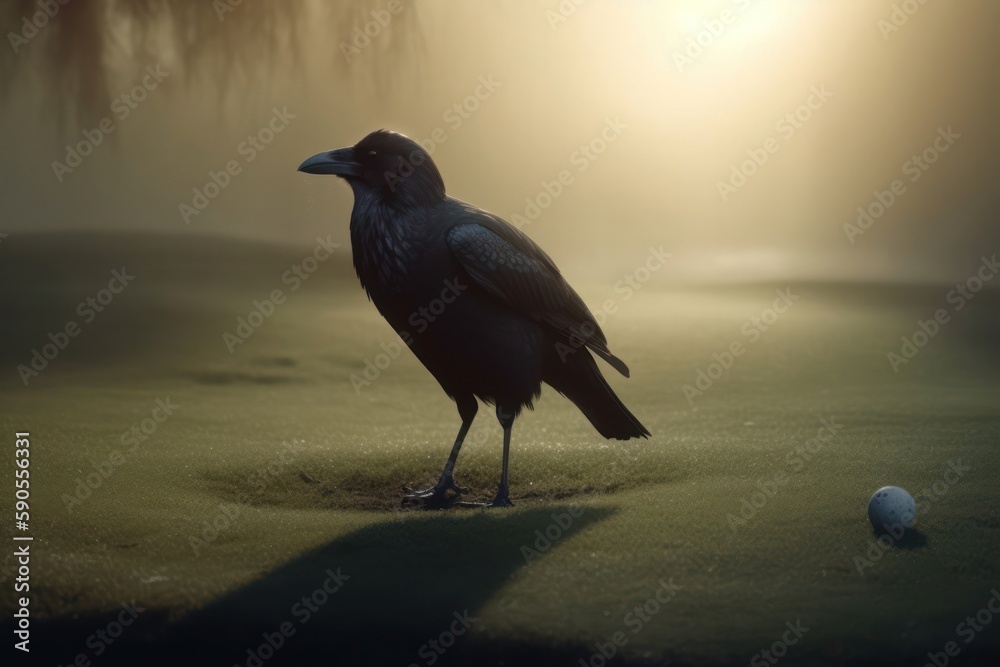 Obraz premium Crow Pro Golfer On Golf Course Putting At Sunrise Generative AI