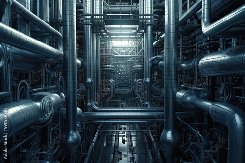 Complex network of pipes and valves twist and turn throughout the power plant, bringing energy to the masses. Generative AI