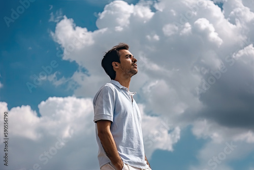 Side view of a man in a white shirt and blue trousers standing among the clouds and looking up, created with Generative AI