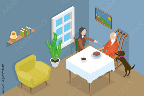 3D Isometric Flat Vector Conceptual Illustration of Caregiver, Nursing and Feeding Elderly Person