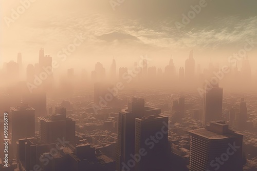 Dusty haze engulfs the city, obscuring the once-clear skyline. Generative AI