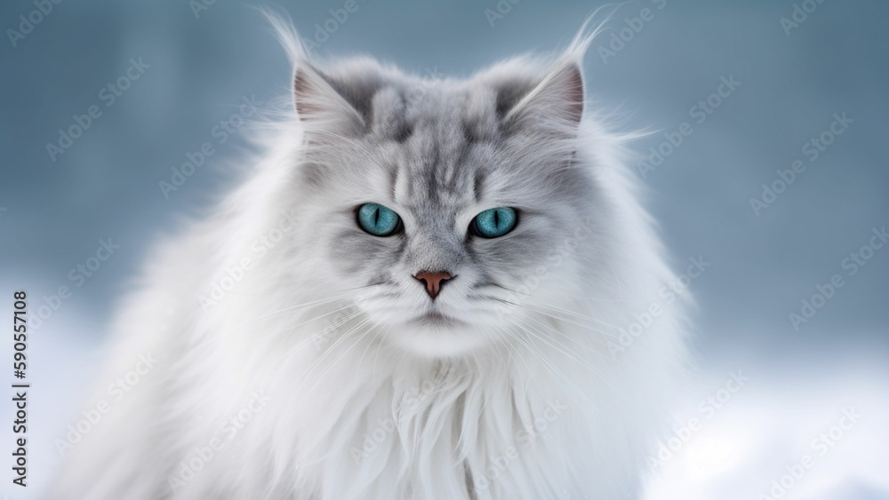 Frosty Beauty: A Stunning White Cat with Mesmerizing Blue Eyes in the Snow