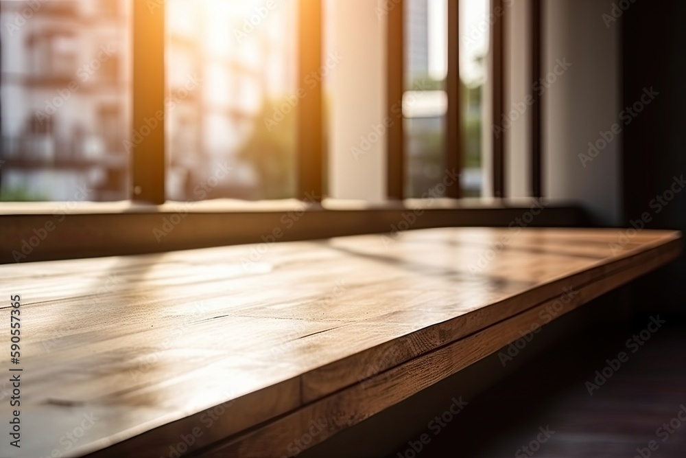 minimalist wooden table positioned in front of a large, bright window with a scenic view. Generative AI