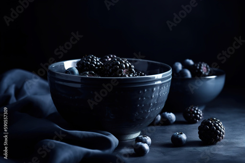 Blackberry and blueberry in blue dishes on a table, Generative AI