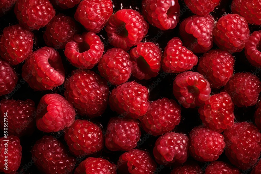 Raspberries on dark background with soft lighting. Generative AI.