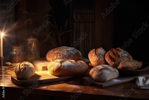Bread on a wooden table. AI generated art illustration. 