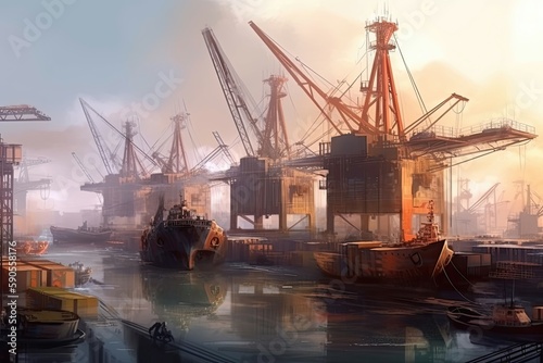 Hulking cranes and massive cargo ships of the shipyard dominate the harbor. Generative AI
