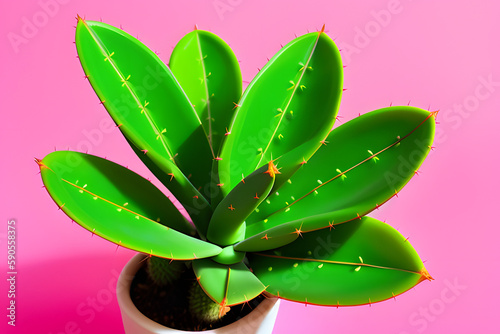 Close-up detail of flat and long green cactus on a pink background. Minimal decoration plant on color background with copy space. Joyful color and stylish summer fine art for print and web design.